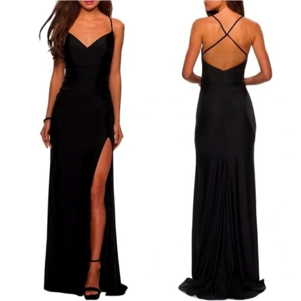 New LA FEMME Black Satin Jersey Trumpet Gown Crisscross Back Straps 0 MSRP $298
